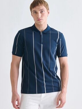 Men's Navy Vertical-Stripe Zip Polo